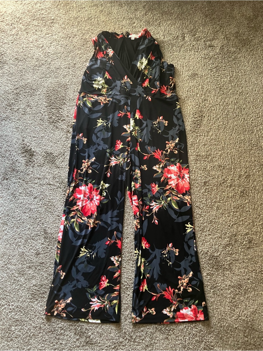 Susan Graver Black Wide-Leg Floral Jumpsuit with Red Blooms